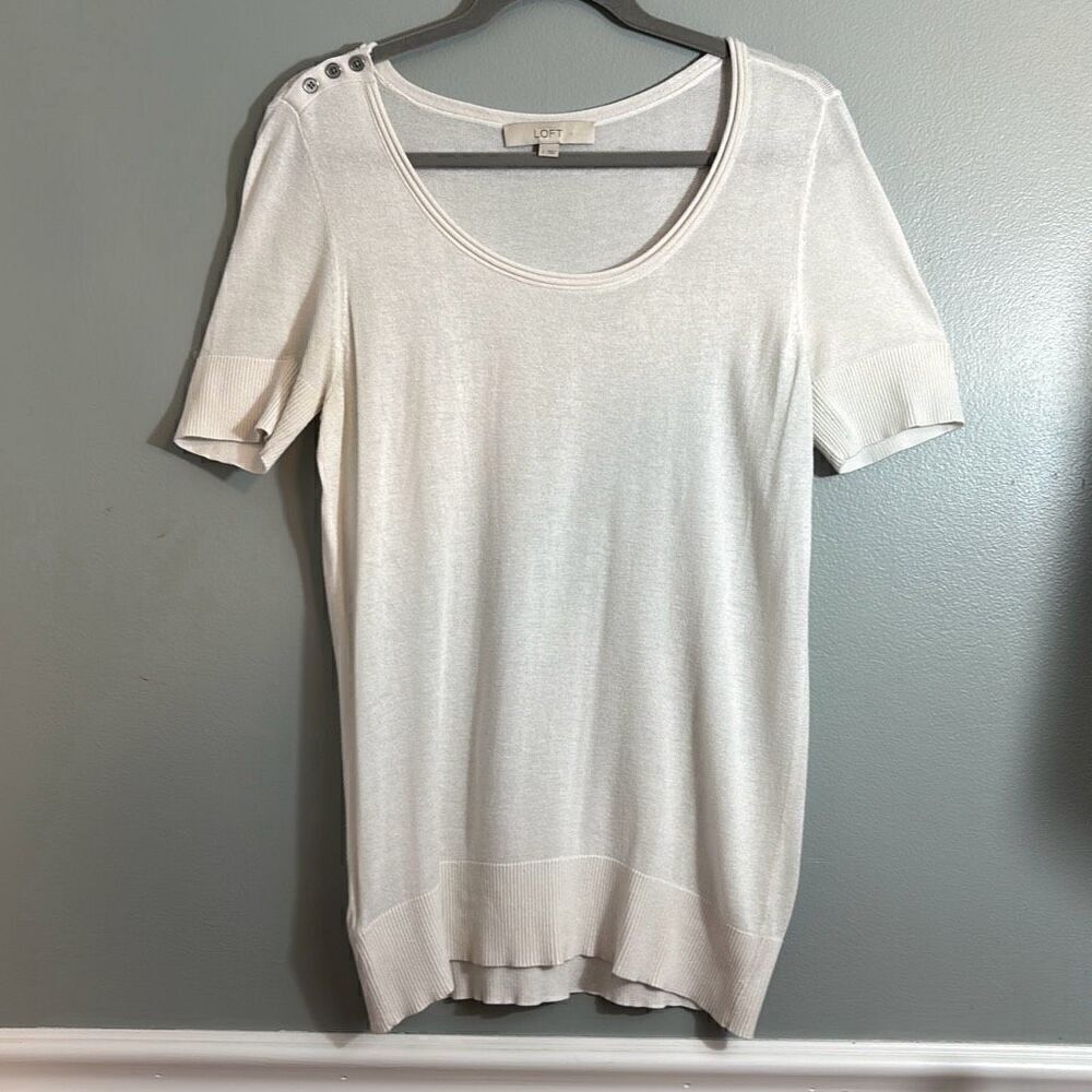 LOFT white scoop neck short sleeve fine rib & rolled trim sweater L